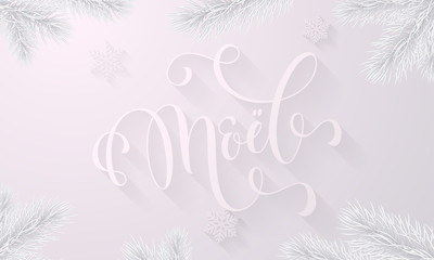 Joyeux Noel French Merry Christmas holiday snowflake decoration on white snow frost background. Vector frozen ice hand drawn calligraphy font and icy fir branch for Christmas or New Year greeting card