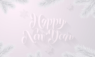 Happy New Year frozen ice hand drawn calligraphy font for greeting card and snowflakes on snow white background. Vector Christmas or Xmas winter holiday premium icy fir branch decoration