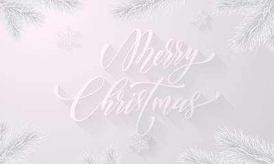 Merry Christmas frozen ice hand drawn calligraphy font for greeting card and snowflakes on snow white background. Vector Christmas or New Year winter holiday premium icy fir branch decoration