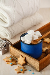 Christmas drink. Marshmallows in blue mug