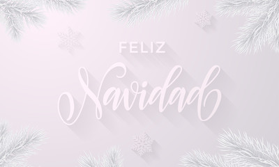 Feliz Navidad Spanish Merry Christmas frost icy font and white snow background with frozen ice snowflakes for winter holiday greeting card. Vector Christmas or New Year snow frost tree branch design