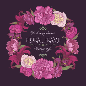 Floral frame with peonies and lilies. Vintage card in shabby chic style. Vector illustration.
