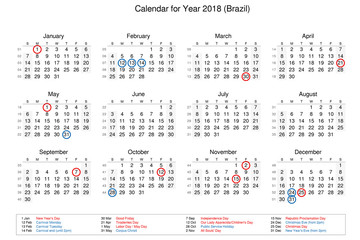 Calendar of year 2018 with public holidays and bank holidays for Brazil