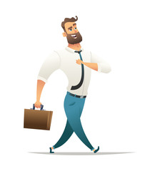 Happy businessman walks or strolls. Cheerful manager goes to work. Cheracter design illustration