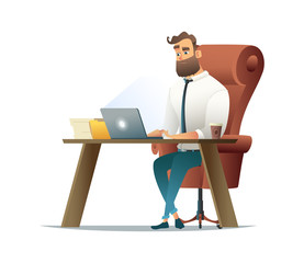 Business man working on the laptop. Vector illustration cartoon style.