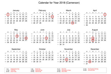 Calendar of year 2018 with public holidays and bank holidays for Cameroon