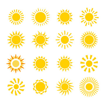 yellow flat sun icons set isolated on white background. Vector illustration