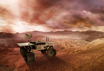 mars rover exploring the red planet surface - obrazy, fototapety, plakaty