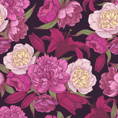 Vector floral seamless pattern with hand drawn pink and white peonies, red lilies. Floral background in vintage style - 182435475