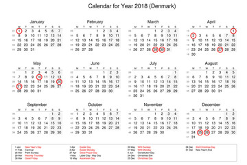 Calendar of year 2018 with public holidays and bank holidays for Denmark