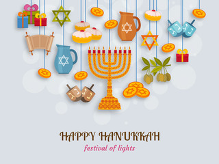 Hanukkah greeting card with Torah, menorah and dreidels. Place for your Text. Vector illustration.