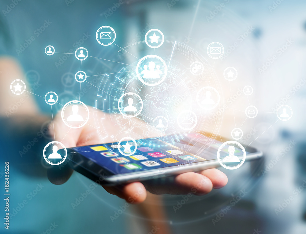 Poster international network displayed on a futuristic interface with globe and connection - technology and