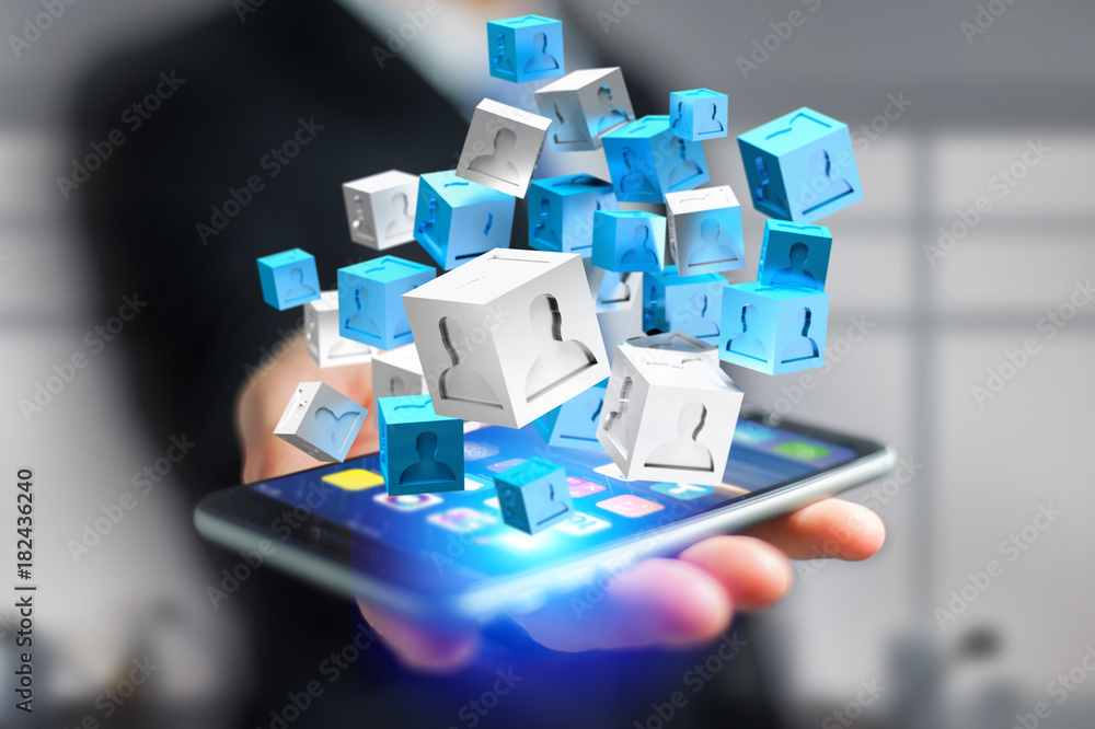 Poster 3d rendering blue and white cube on a futuristic interface