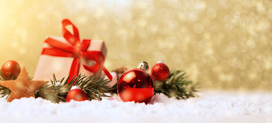 Christmas background with christmas balls, gifts and decoration