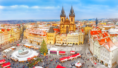 Prague, Czech Republic, Bohemia. Christmas Market in Stare Mesto old square. View on snow classic...
