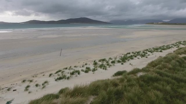Aerial shot on the Isle of Harris, Scotland, flying over seilebost beach
