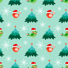 Christmas seamless pattern with cute birds, tree and snow