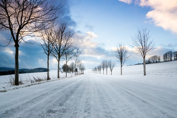 Fototapeta premium Empty snow covered road in winter with trees