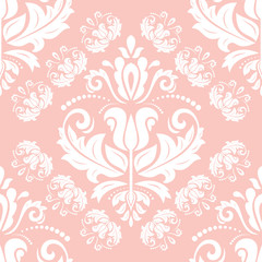 Damask classic pink and white pattern. Seamless abstract background with repeating elements. Orient background