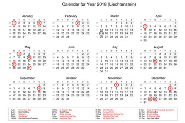 Calendar of year 2018 with public holidays and bank holidays for Liechtenstein