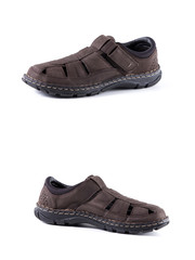 Male brown leather sandal on white background, footwear.