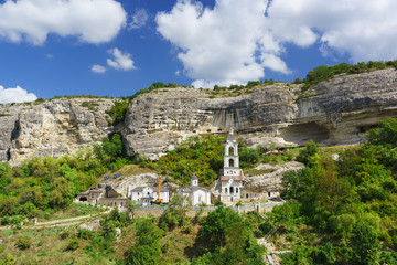 New buildings of Holy assumption Orthodox cave monastery in the Crimea, located in the natural boundary of Mariam-Dere near Bakhchisarai.