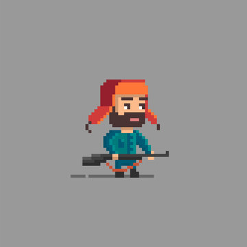 Pixel Art Hunter Character.
