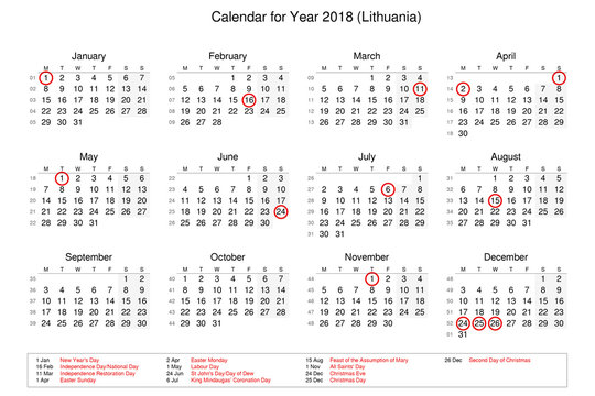 Calendar of year 2018 with public holidays and bank holidays for Lithuania
