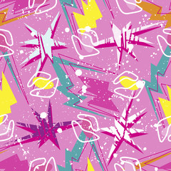 Fototapeta premium Abstract seamless vector pattern for girls, boys, clothes. Creative background with dots, geometric figures Funny wallpaper for textile and fabric. Fashion style. Colorful bright