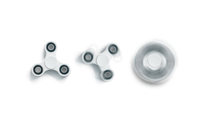 Blank white fidget spinner mockup, static and spin, top view, 3d rendering. Clear spinning toy mock up, front design template. Empty stress reliever tri-spinner. Trend device for branding or printing