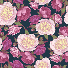 Vector floral seamless pattern with hand drawn pink and white peonies. Floral background in vintage style 