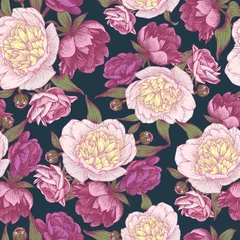 Poster Im Rahmen Vector floral seamless pattern with hand drawn pink and white peonies. Floral background in vintage style  © lesia_a