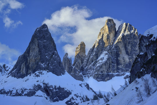 Sexten Dolomites at sunrise, South Tyrol, Italy