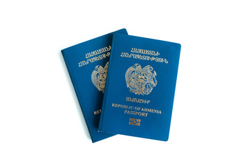 Two Republic of Armenia Biometric Passports Isolated on white background