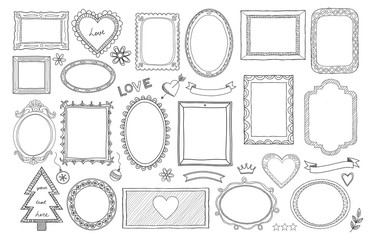 Big set of hand drawn isolated frames and different elements: hearts, banners, flowers, lettering.