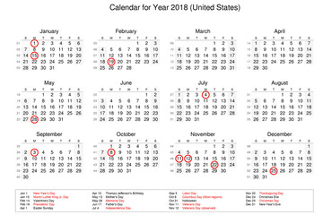 Calendar of year 2018 with public holidays and bank holidays for United States of America