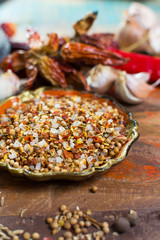 Harissa blend spice with coriander, chili pepper, garlic, salt used in African, Morocco, Middle East cuisine