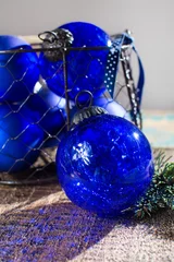 Fotobehang Old vintage cobalt blue Christmas tree balls from glass © barmalini
