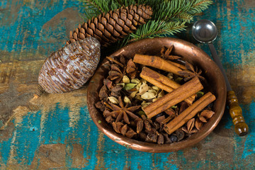 Collection of spices for winter and Christmas days, used for baking and mulled wine