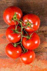 Vine with red ripe tomatoes from Dutch greenhouse top view
