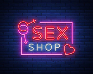Sex shop logo, night sign in neon style. Neon sign, a symbol for sex shop promotion. Adult Store. Bright banner, nightly advertising. Vector Illustration - obrazy, fototapety, plakaty