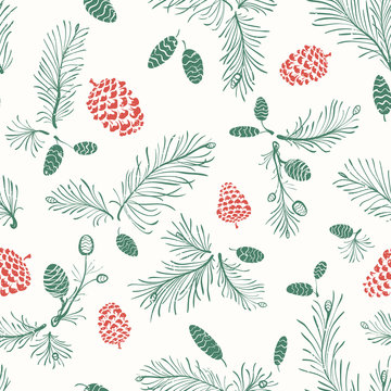 Christmas Hand drawn Seamless Pattern with Pine Branches and Cones