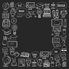 Blackboard Vector doodle set Children language school Kindergarten kids Pattern with doodle kids drawing style icons Play and study and grow Creative images for college, university, school