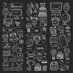 Blackboard Vector doodle set Children language school Kindergarten kids Pattern with doodle kids drawing style icons Play and study and grow Creative images for college, university, school