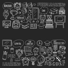 Blackboard  doodle set Children language school Kindergarten kids Pattern with doodle kids drawing style icons Play and study and grow Creative images for college, university, school