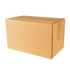 Closed cardboard box taped up and isolated on white background