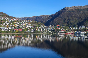 Fototapeta premium Town on the hills of Sognefjord scenery, Norway, Scandinavia
