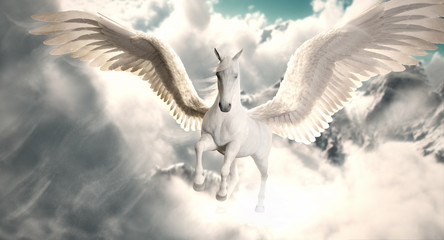 Fototapety  Lot Pegaza. Majestatyczny koń Pegaz latający wysoko ponad chmurami i śniegiem szczytami gór. renderowanie 3d