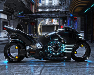Naklejka premium Futuristic light cycle on display. Motorcycle is displayed with a futuristic urban background.3d rendering 