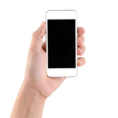 Hand holding smartphone with blank screen isolated on white background
